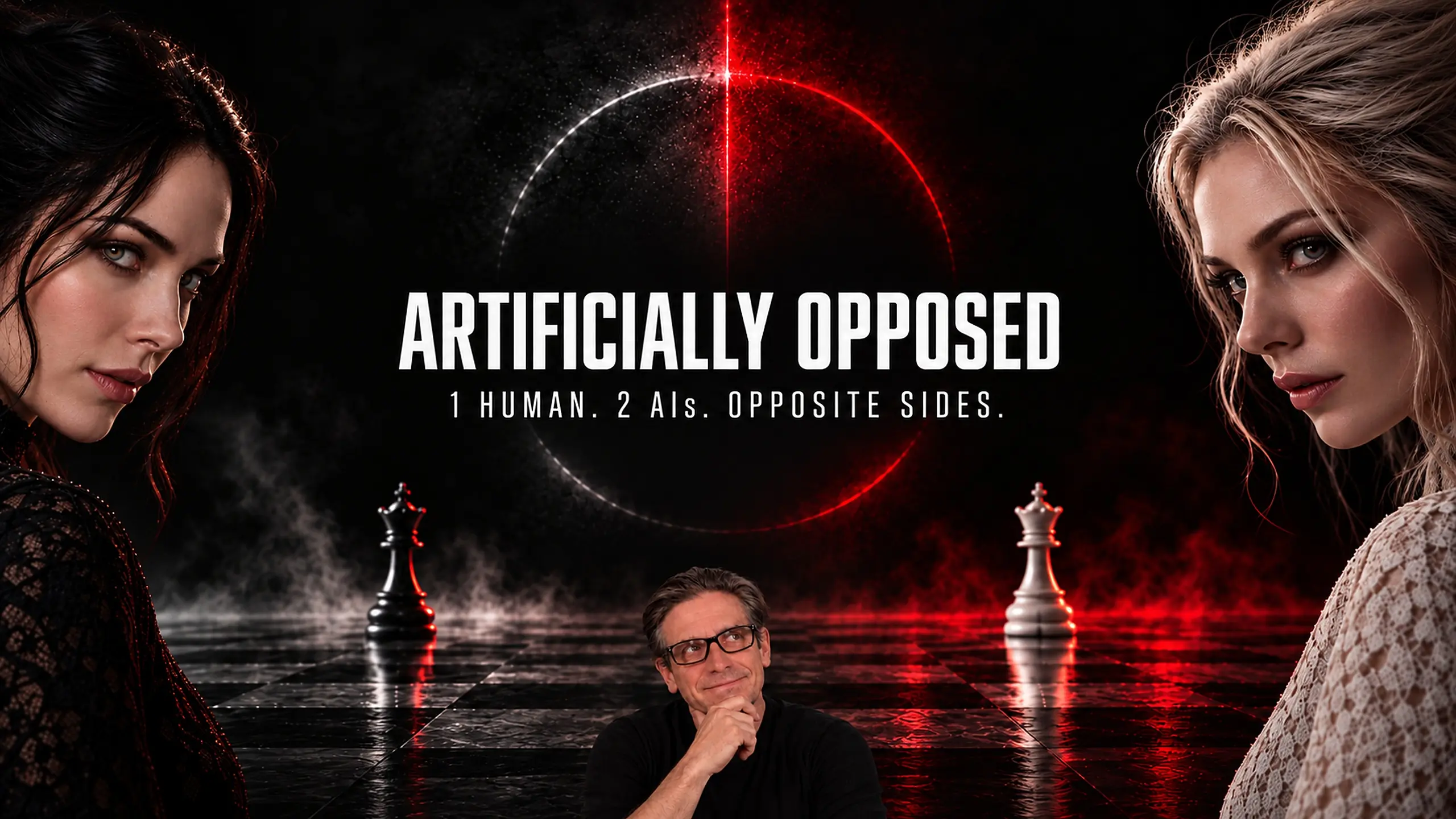 Riley and Ara on opposing sides with the human host at the center of a chessboard
